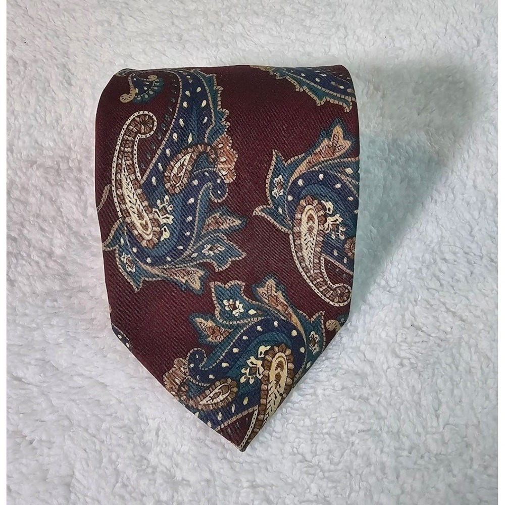 Vintage Rooster Mens Paisley Tie Burgundy Navy Blue 100% Cotton Made in USA 80s